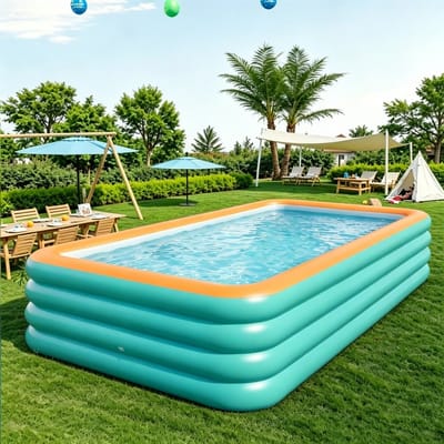 Piscina inflável azul de PVC, grande capacidade, portátil e dobrável, reforçada para áreas internas e externas.
