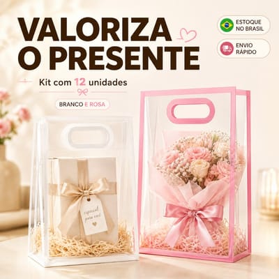 Kit 12/24/36 Sacolas Transparentes para Presente com Alça P/G Lembrancinha Festa Aniversário Casamento