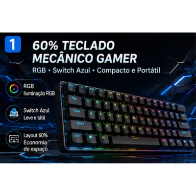 Teclado Gamer Mecânico RGB 60% Switch Blue USB‑C