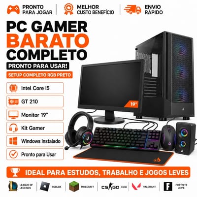 PC Gamer Barato Completo i5 GT 210 Setup Completo RGB Preto Monitor 19 Windows