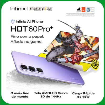 Smartphone Infinix Hot 60 Pro+ 4G 256GB Até 16GB RAM MediaTek Helio G200 Tela Curva 3D 144 Hz Bateria 5160mAh NFC