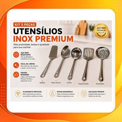 Kit 5 Utensílios de Cozinha em Aço Inox Colher de Arroz + Concha + Espatula Vazada + Escumadeira + Espatula