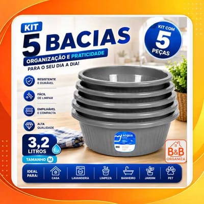 Kit 5 Bacias Multiuso 3,2L Plásticas Caneladas Redondas Reforçadas Para Cozinha Lavanderia Casa Jardim