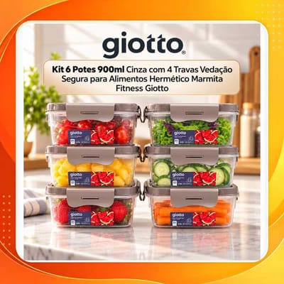 Kit 6 Potes 900ml Cinza com 4 Travas Vedação Segura para Alimentos Hermético Marmita Fitness Giotto