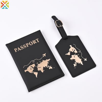 Conjunto De Capa Para Passaporte E Etiqueta De Bagagem , Couro PU , Mapa Mundi Dourado , Acessórios De Viagem , Porta-,