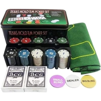 Jogo De Poker Lata Texas Hold'em Poker Set Kit 200 fichas Baralho Tapete Caixa
