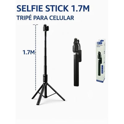 Tripé de bastão de selfie para celular de 1,7 m, controle remoto integrado, portátil - (Shopee)