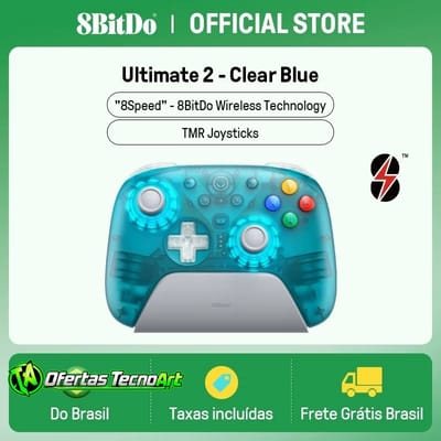 Controle 8BitDo Ultimate 2 Gamepad Clear Blue sem Fio 2.4G para PC e Android, com Joysticks TMR, Gatilhos Comutáveis, Co