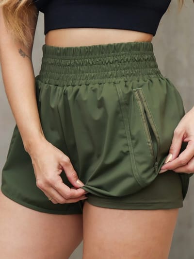 Shorts Duplo Feminino Cintura Alta com Bolso Zíper Fitness Academia Esportivo 3RD SD1417