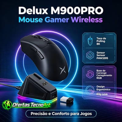 Mouse Delux M900 PRO, PAW3395, 8KHz, com Dock de Carregamento