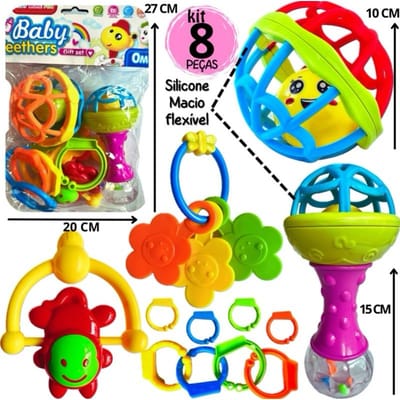 Kit Brinquedo Bebê Chocalho Mordedor Silicone 8 Peças