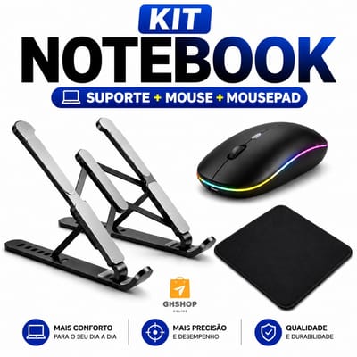 Kit Suporte Notebook + Mouse Sem Fio + Mouse Pad