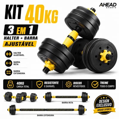 Kit Halteres 3 em 1 40kg Anilha Barra Musculação