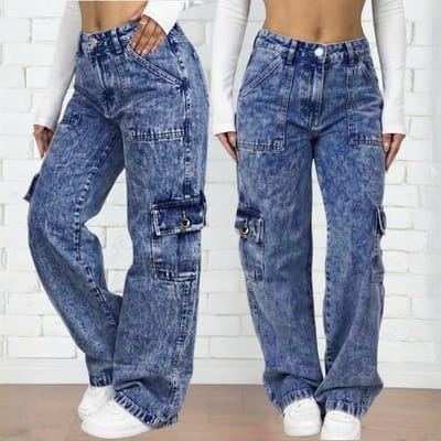 Calça Wide Leg Jeans Feminina Cargo Cintura Alta