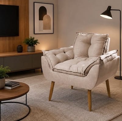 Poltrona Cadeira Opala Pés Palito em Suede Bege