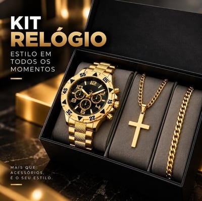 Kit Relógio Masculino Aço Inox Com Corrente Cruz e Pulseira