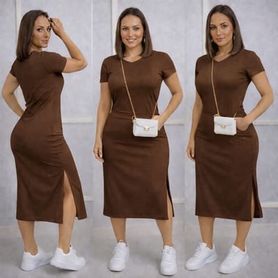 Vestido MIDI Casual Fenda Lateral e Bolso