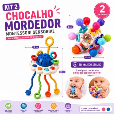 Kit 2 Chocalhos Mordedores Bebê Montessori Silicone