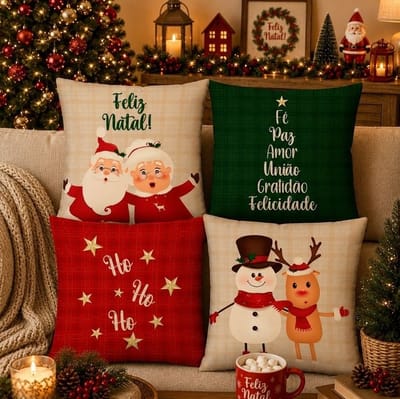 Kit 4 Capas de Almofada Mamãe e Papai Noel 45x45