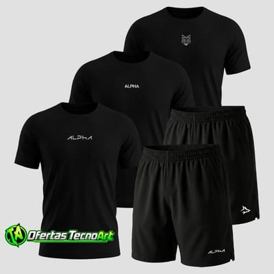 Kit 5 Peças All Black Dry 3 Camisetas e 2 Bermudas Alpha Co