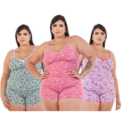 Kit 3 Pijama Baby Doll Plus Size Estampado e Liso