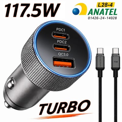Carregador Veicular Turbo 2 Tipo C + 1 USB