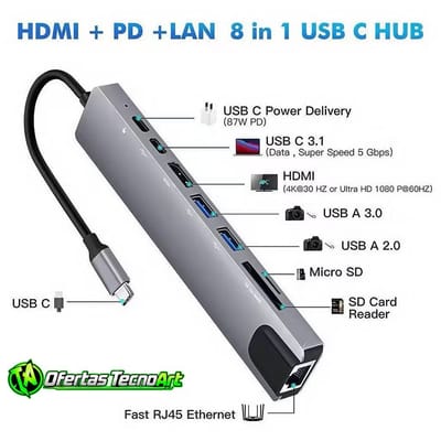 Adaptador Hub Tipo C 8 em 1 HDMI USB 3.0 Micro SD