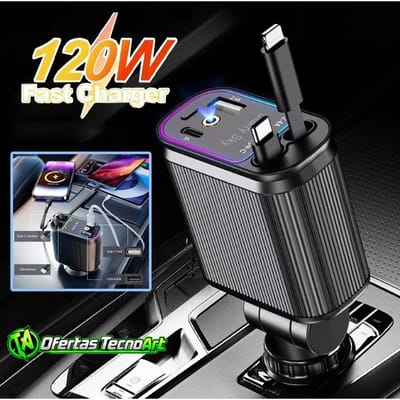 Carregador de Carro Retrátil 4 em 1 120W com Luz LED