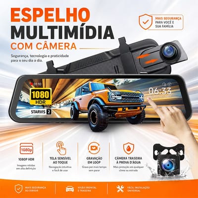 Câmera Veicular DVR 10" Retrovisor Dash Cam 1080p