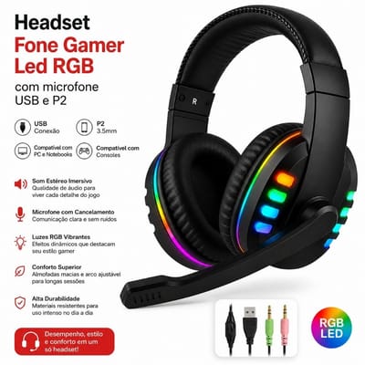 Headset Gamer LED RGB com Microfone USB e P2