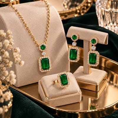 Conjunto de Joias Feminino Colar Brinco Anel Pedra Verde