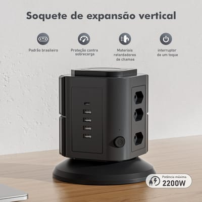 Tomada Vertical 9 Tomadas 4 USB 1 Type-C 2200W Cabo 2m
