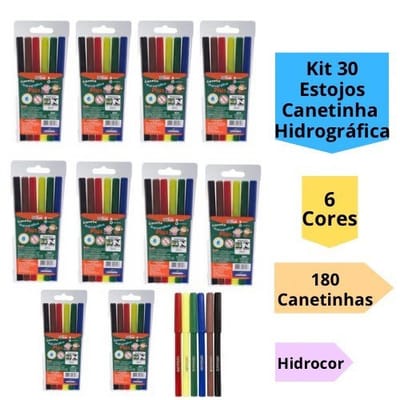 Kit 30 Estojos Canetinha Hidrográfica 6 Cores 180 Canetinhas
