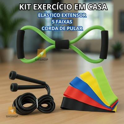 Kit 5 Faixas Elásticas Mini Band + Corda de Pular