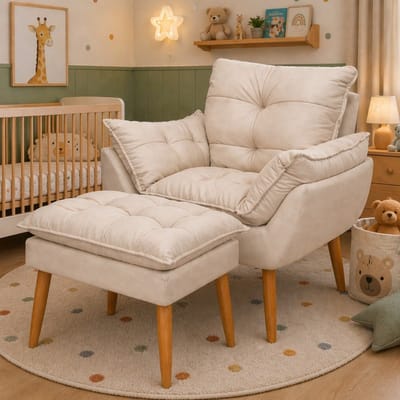 Kit Poltrona e Puff Bege Suede Decorativo Amamentação