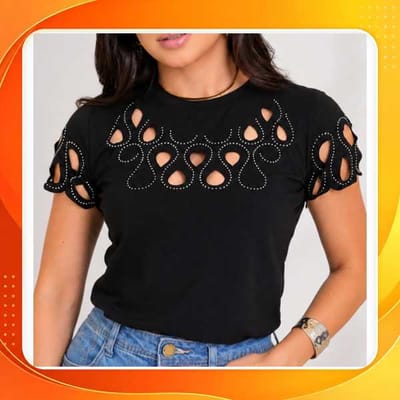 Blusa Feminina Tshirt Strass Algodão Básica Casual
