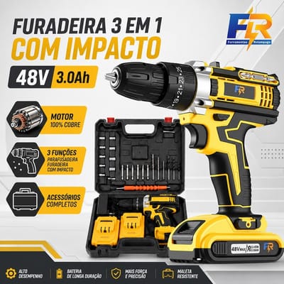 Parafusadeira Furadeira de Impacto 48V Sem Fio 2 Baterias