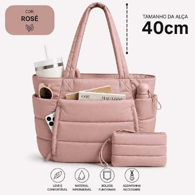 Bolsa Feminina Grande Matelasse Impermeavel com Alcas Longas + Necessaire