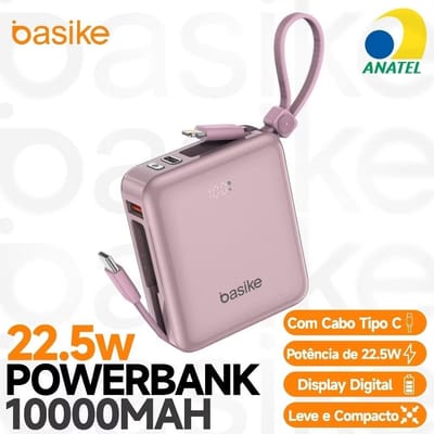 Power Bank 10000mAh Mini PD 22.5W com 2 Cabos