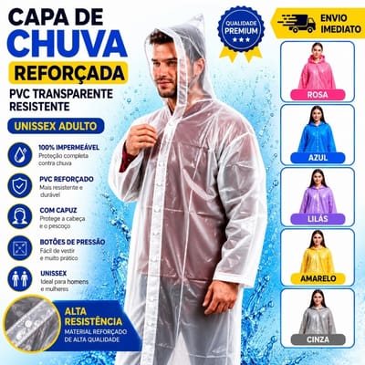 Kit 2 Capa de Chuva PVC Transparente Impermeável Unissex