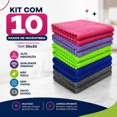 Kit 10 Panos Microfibra Alta Absorção Multiuso