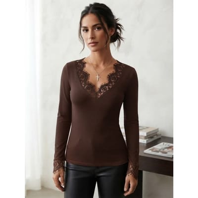 Blusa Feminina Manga Longa Com Renda Viscose