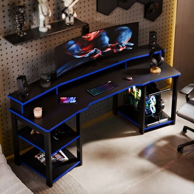 Mesa Gamer Escrivaninha Oslo com Prateleiras e Suporte para Monitor