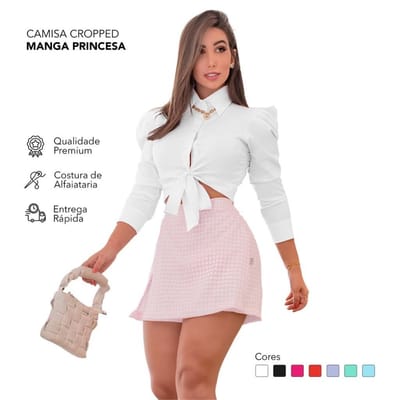 Camisa Cropped Feminina Social Manga Longa