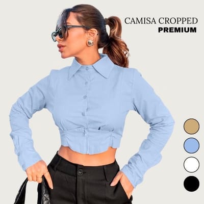 Blusa Camisa Cropped Manga Longa Tricoline