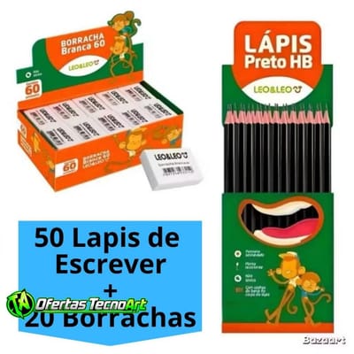Kit 50 Lápis Preto + 20 Borrachas Escolar Leo&Leo