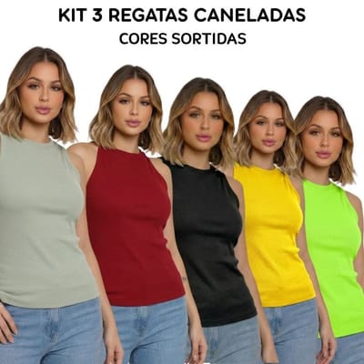 Kit 3 Blusinha T-Shirt Ribana Canelada Sortida Colorida
