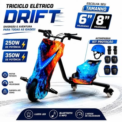 Patinete Elétrico Infantil 3 Rodas 250W Bluetooth MP3