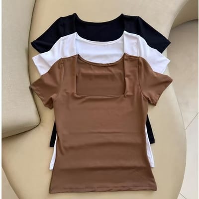 Kit 3 Blusas Baby Look Manga Curta Gola Quadrada