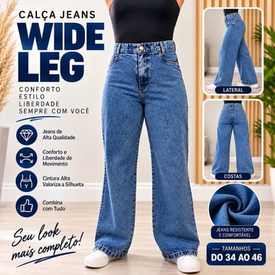Calça Wide Leg Jeans Feminina Sem Elastano